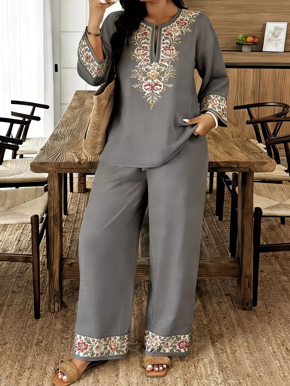 Full Size Embroidered Long Sleeve Top and Pants Set Plus Size, image 11