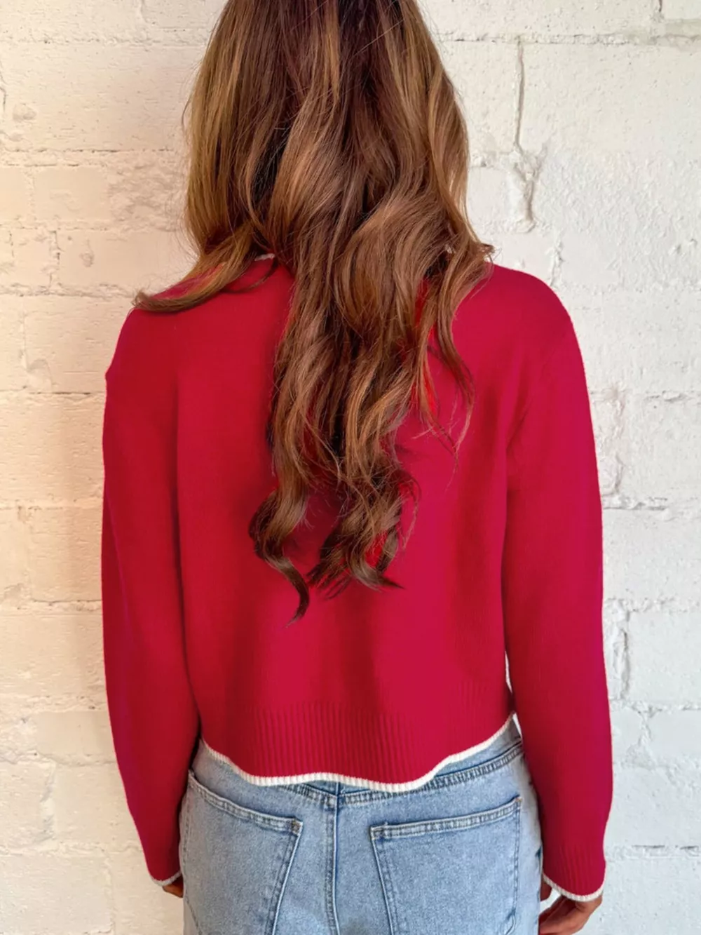 Contrast Trim Bow Accent Holiday Cropped Sweater, image 10