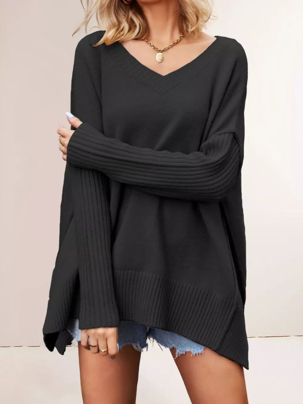 V-Neck Ribbed Sleeve Sweater, image 9