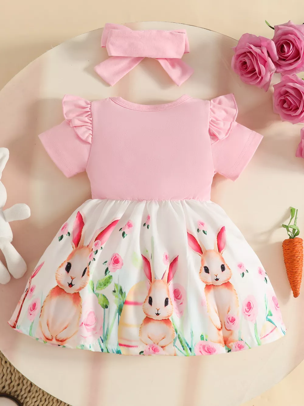 Children's Bunny Print Ruffled Dress with Headband, image 3