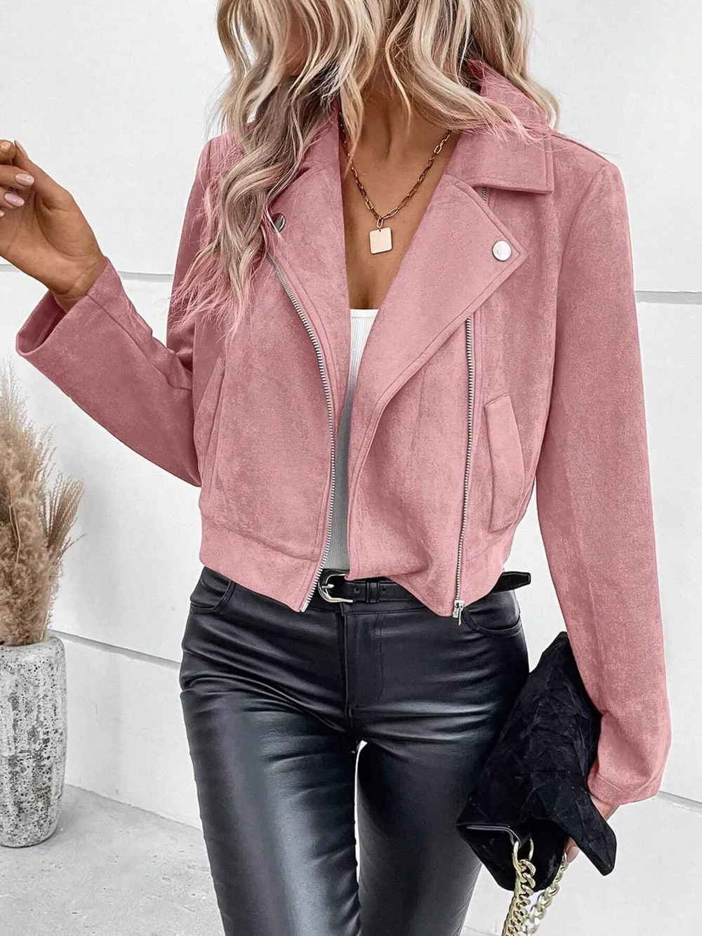 Zip Up Suede Cropped Moto Jacket, image 12