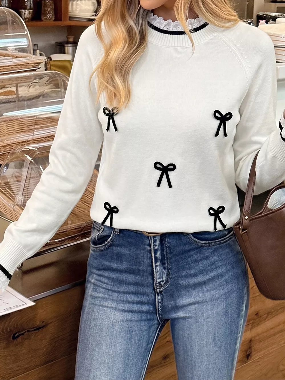 Bow-Embellished Lace Trim Sweater, image 5