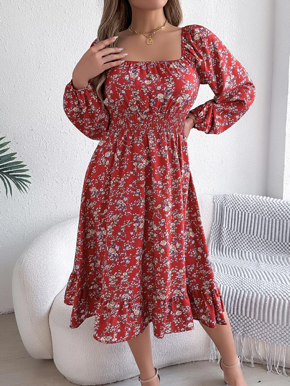 Floral Print Long Sleeve Square Neck Midi Dress, image 11