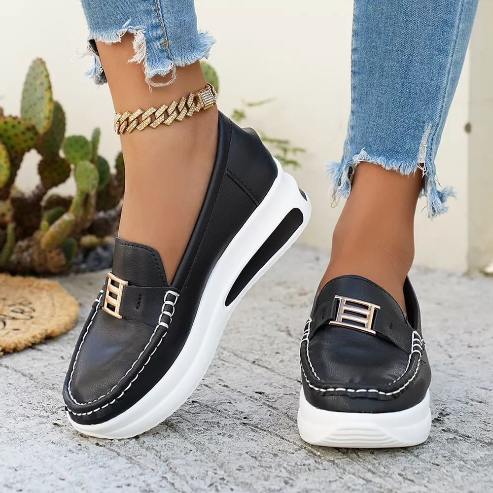 Metal Buckle Round Toe Slip-Ons