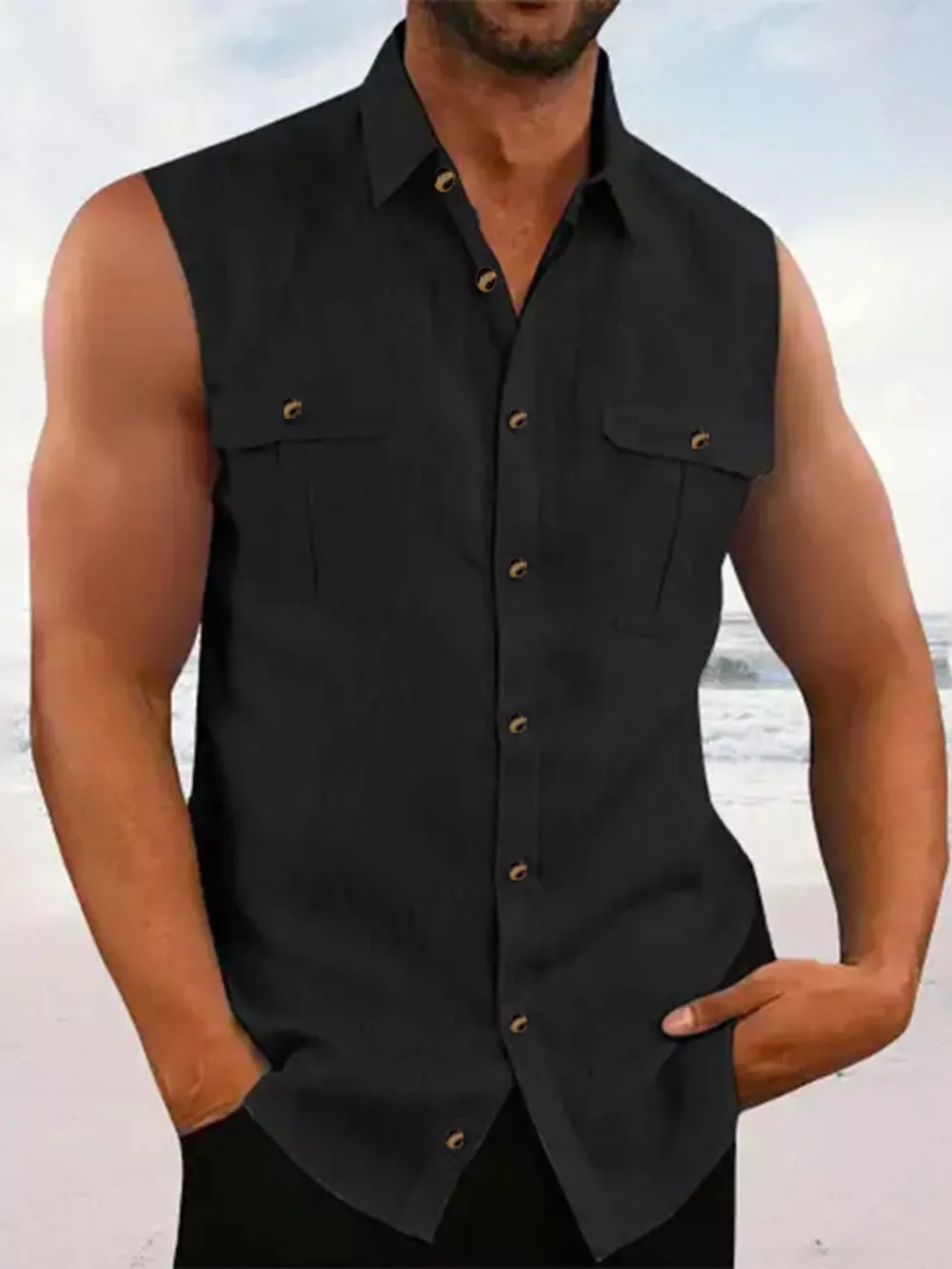 Men's Full Size Sleeveless Button-Up Shirt with Chest Pockets Plus Size, image 2