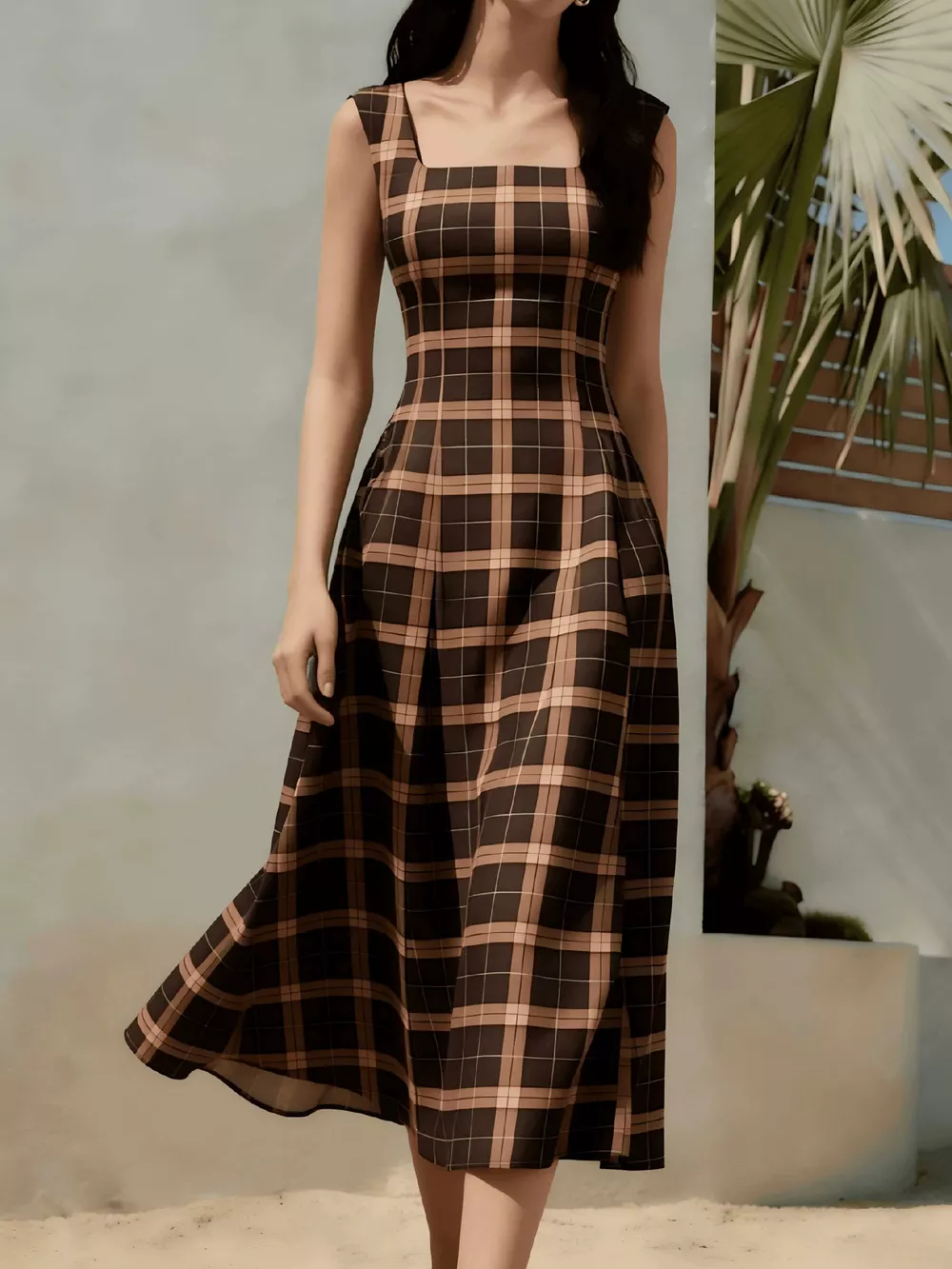Square Neck Plaid Midi Dress, image 2