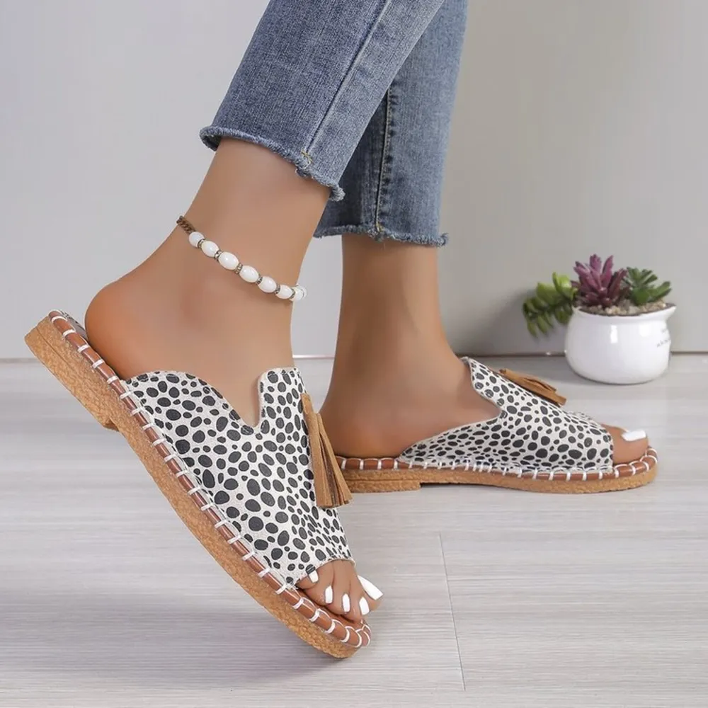 Leopard Print Tassel Flat Sandals, image 13
