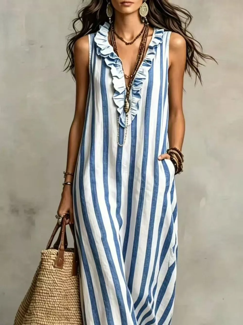Full Size Sleeveless Striped Ruffle V-Neck Maxi Dress Plus Size, image 2