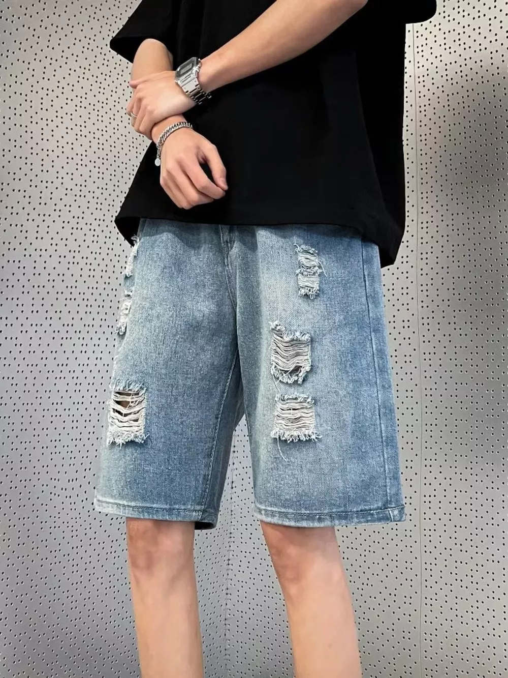 Men's Full Size Distressed Wash Wide Leg Denim Shorts Plus Size