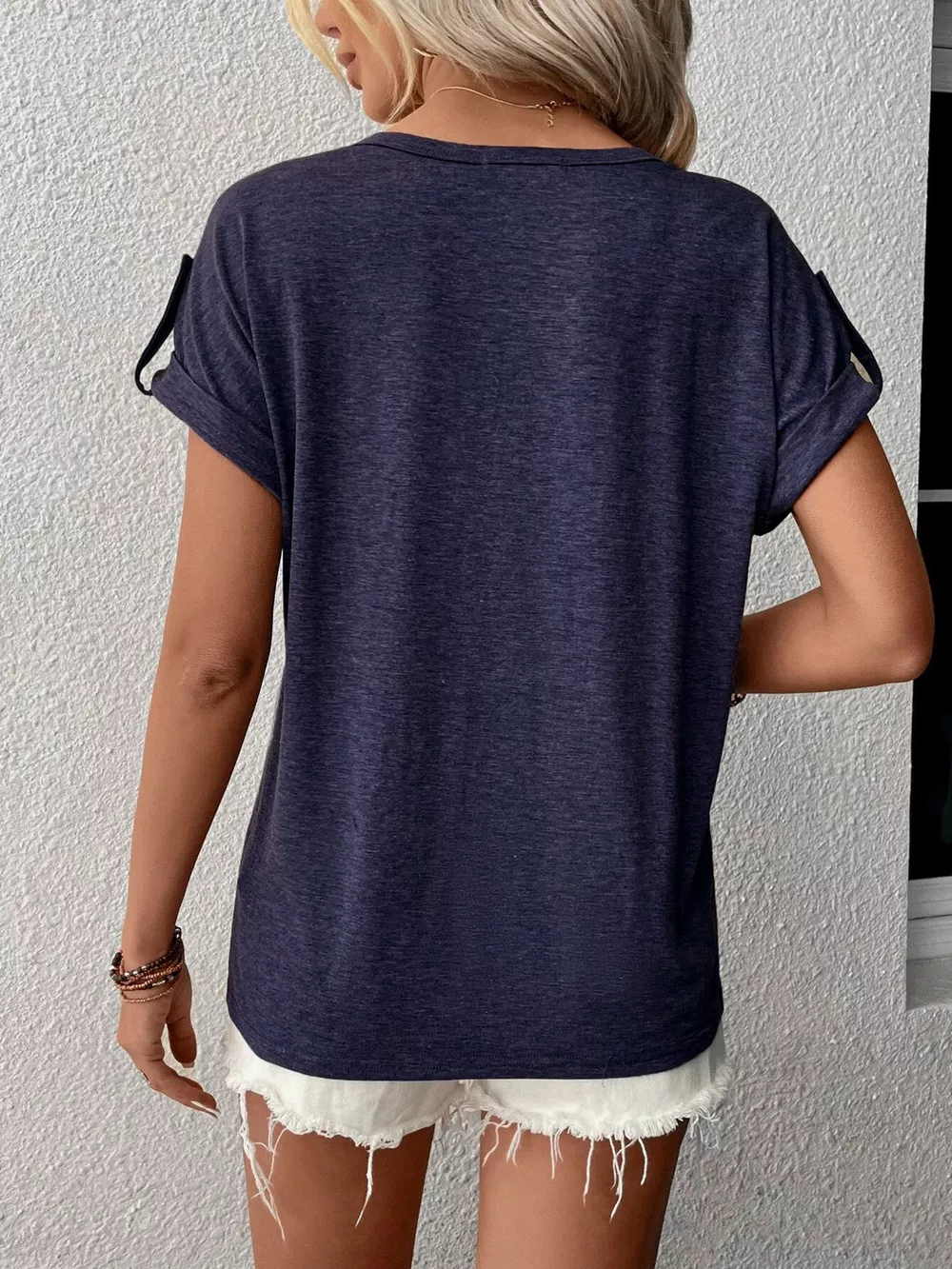Full Size Casual V-Neck Henley Top with Rolled Sleeves Plus Size, image 8