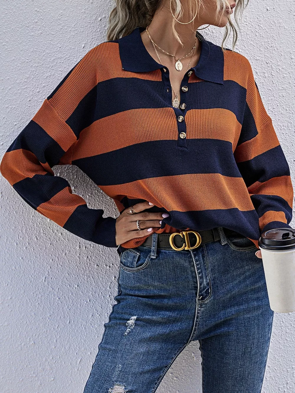 Striped Button Detail Dropped Shoulder Knit Top, image 2