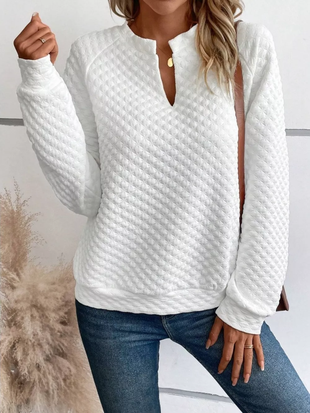 Textured Notched Raglan Sleeve Sweatshirt, image 2