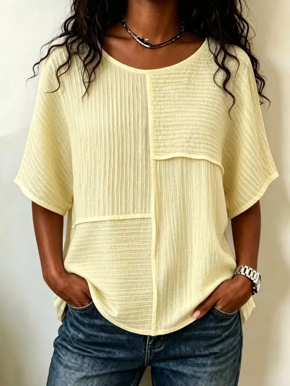Full Size Texture Round Neck Half Sleeve Blouse Plus Size, image 7