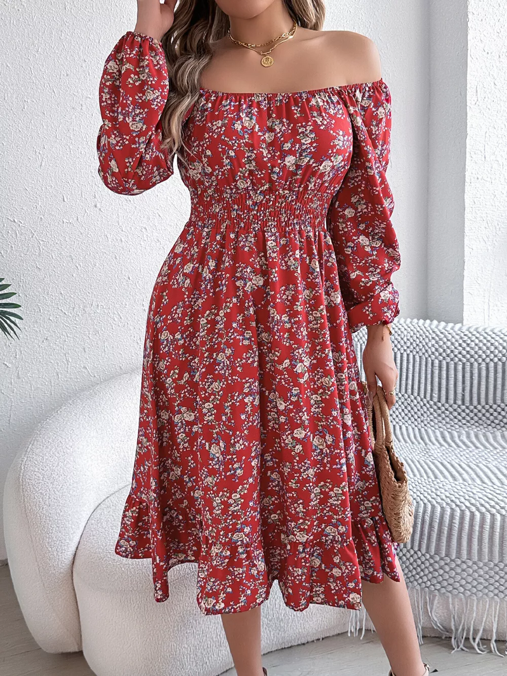 Floral Print Long Sleeve Square Neck Midi Dress, image 12