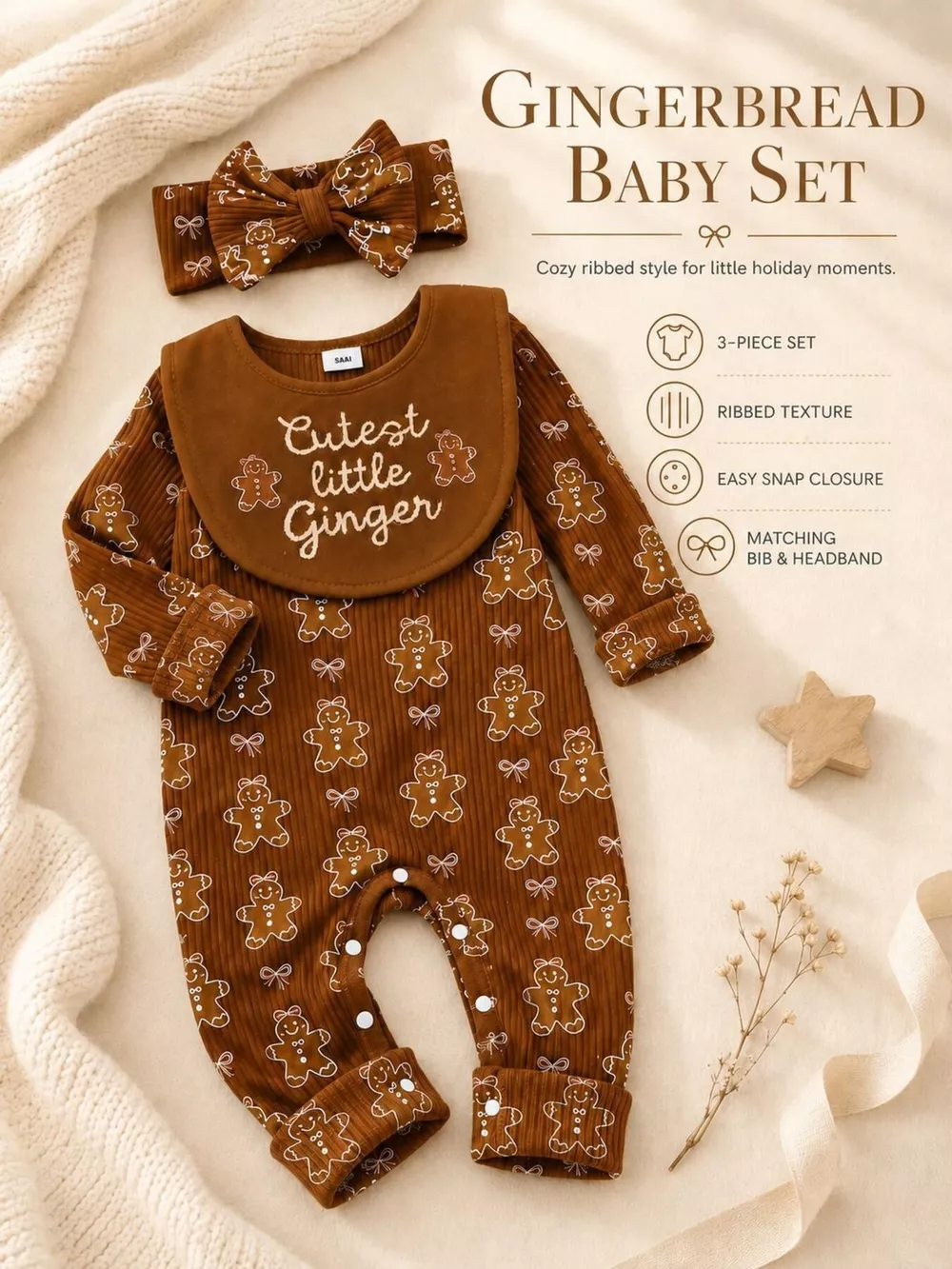 Children's Gingerbread Print Jumpsuit with Headband, image 3