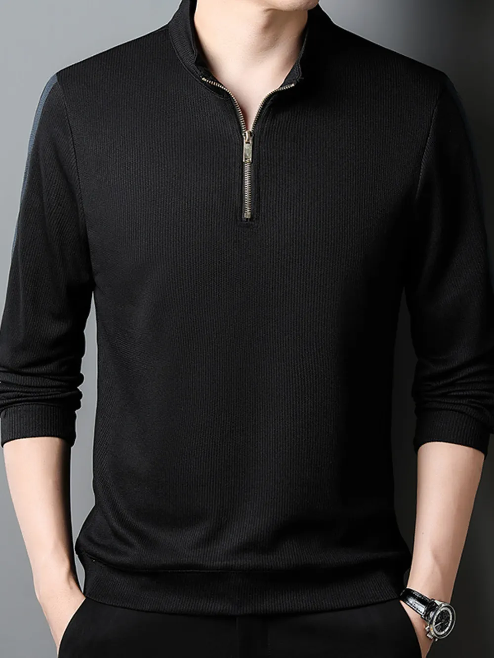 Men's Plus Size Quarter Zip Long Sleeve Polo, image 3
