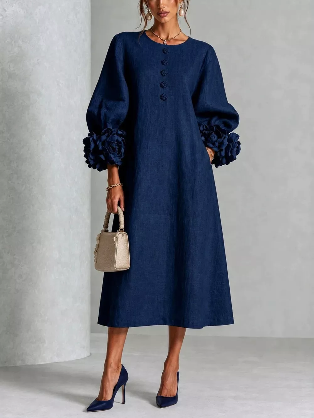 3D Floral Round Neck Midi Dress, image 15