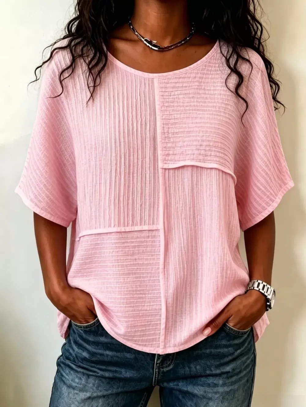 Full Size Texture Round Neck Half Sleeve Blouse Plus Size, image 5