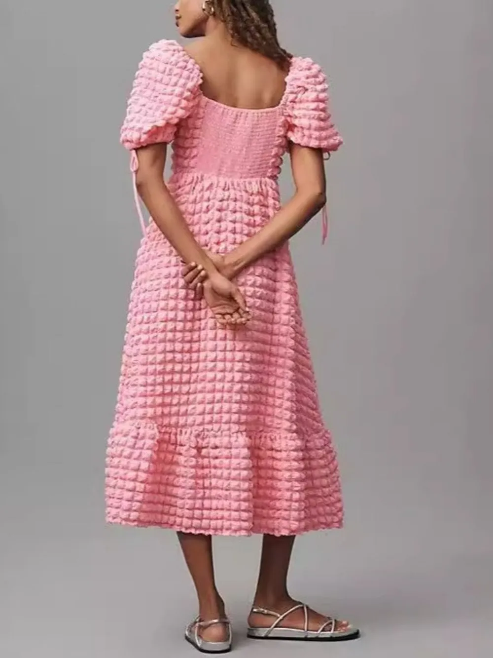 Textured Sweetheart Neck Short Sleeve Dress, image 20