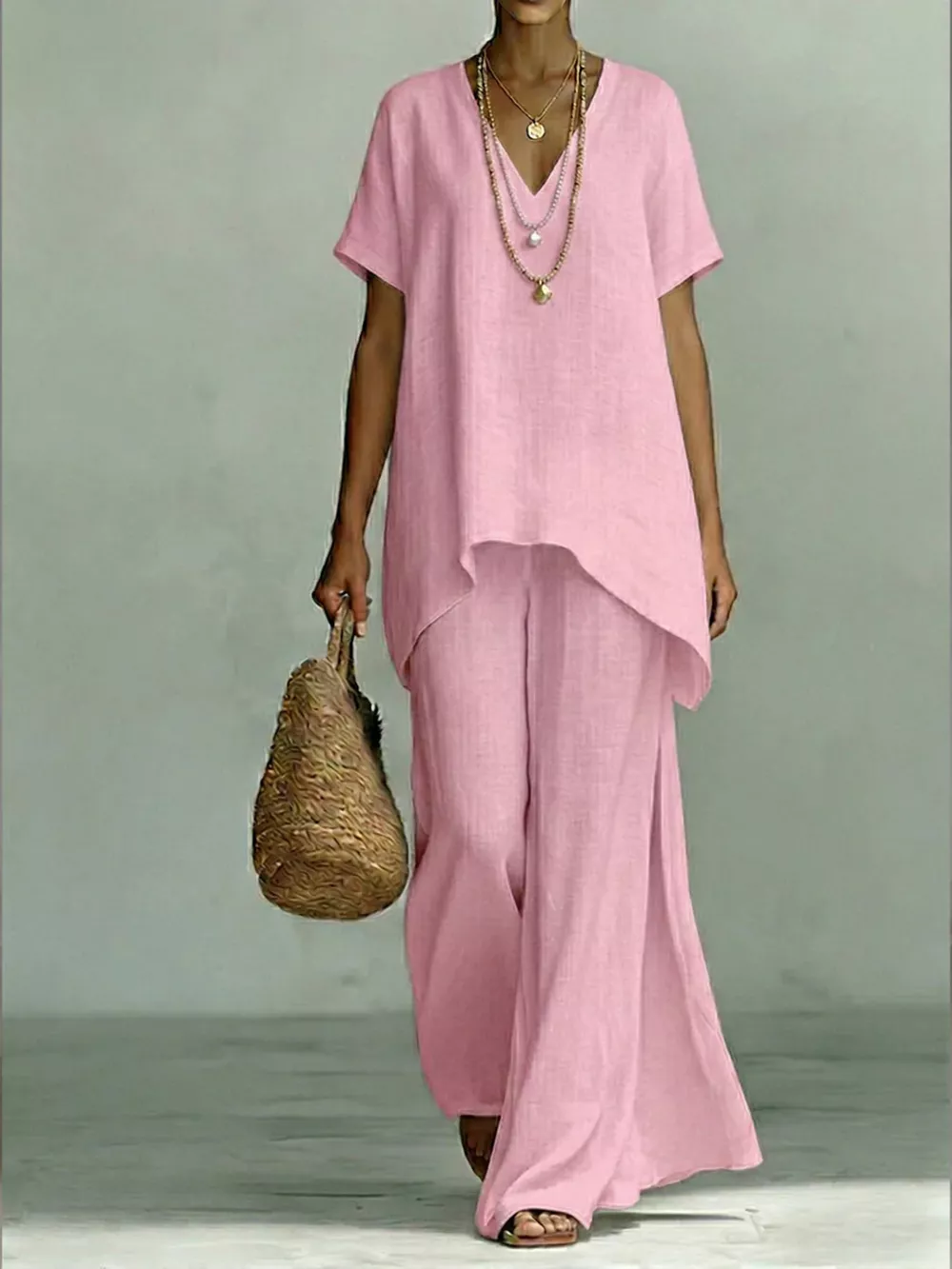 Full Size V-Neck Top and Wide-Leg Pants Set Plus Size, image 3