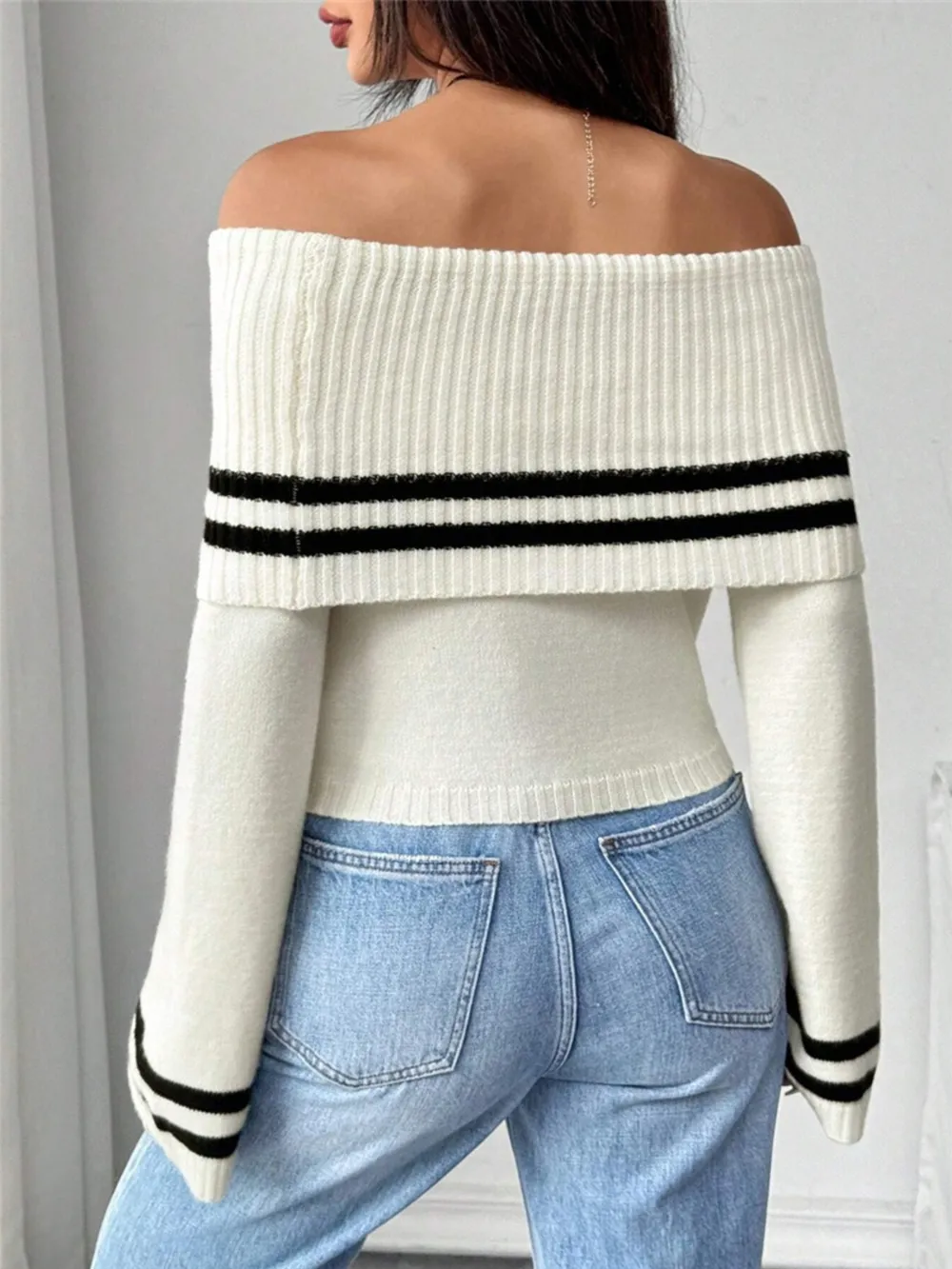 Ribbed Off-Shoulder Striped Knit Top, image 3