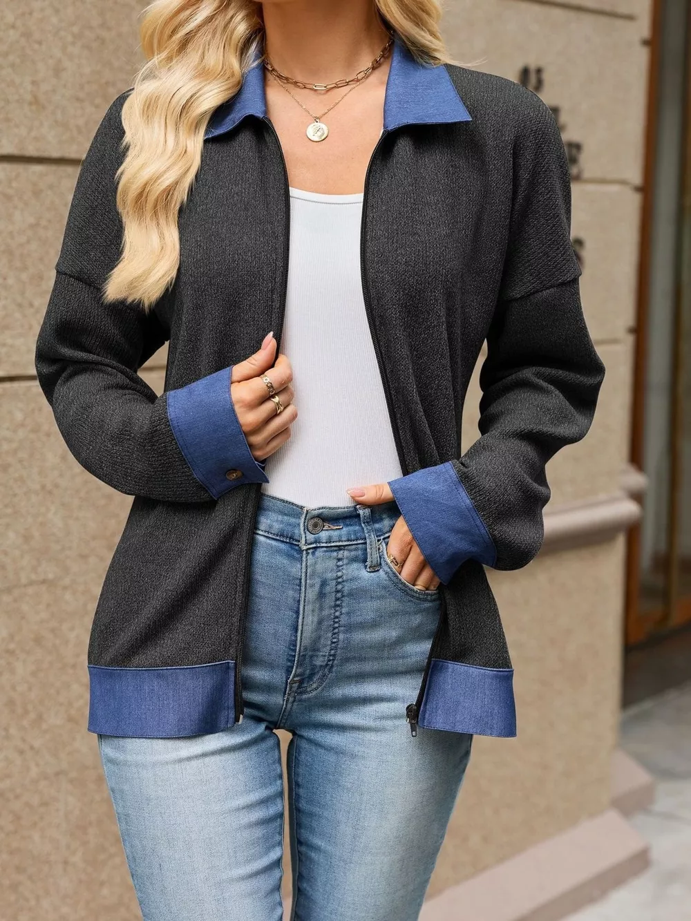 Contrast Denim Collar Zip Up Outerwear, image 7
