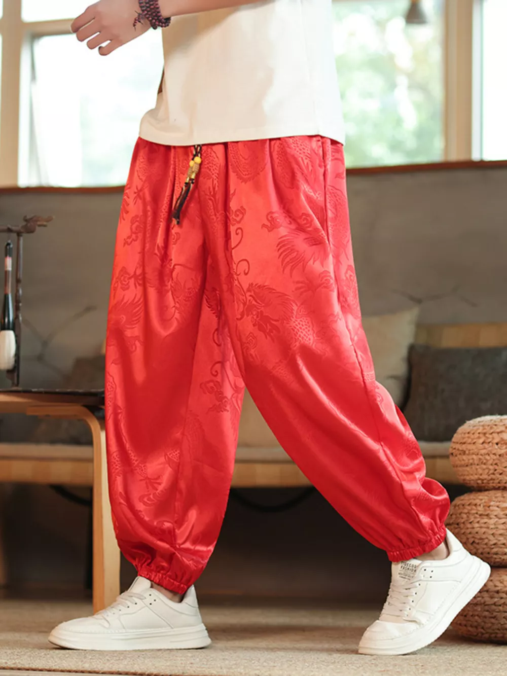 Men's Plus Size Dragon Pattern Silk Harem Pants, image 2