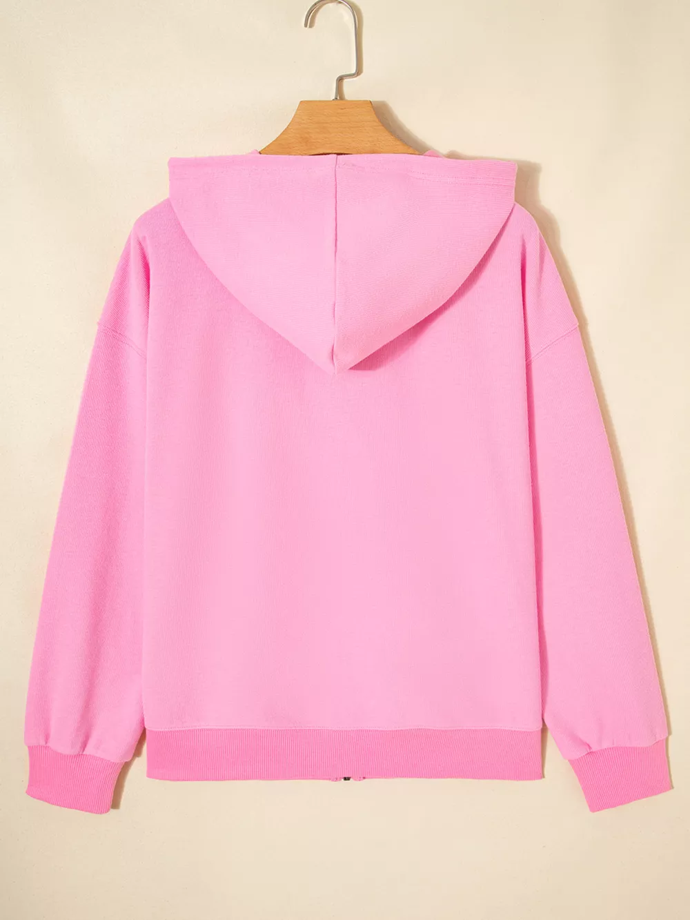 Solid Color Ribbed Zip Up Drawstring Hooded Jacket, image 6