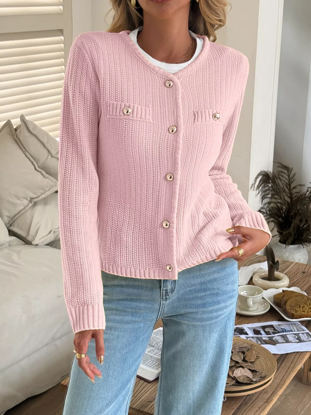 Button-Front Ribbed Long Sleeve Cardigan, image 9