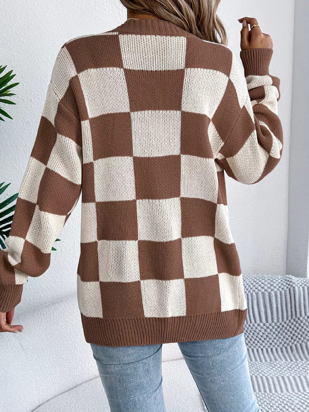 Checkerboard Pattern Open Front Knit Cardigan, image 9