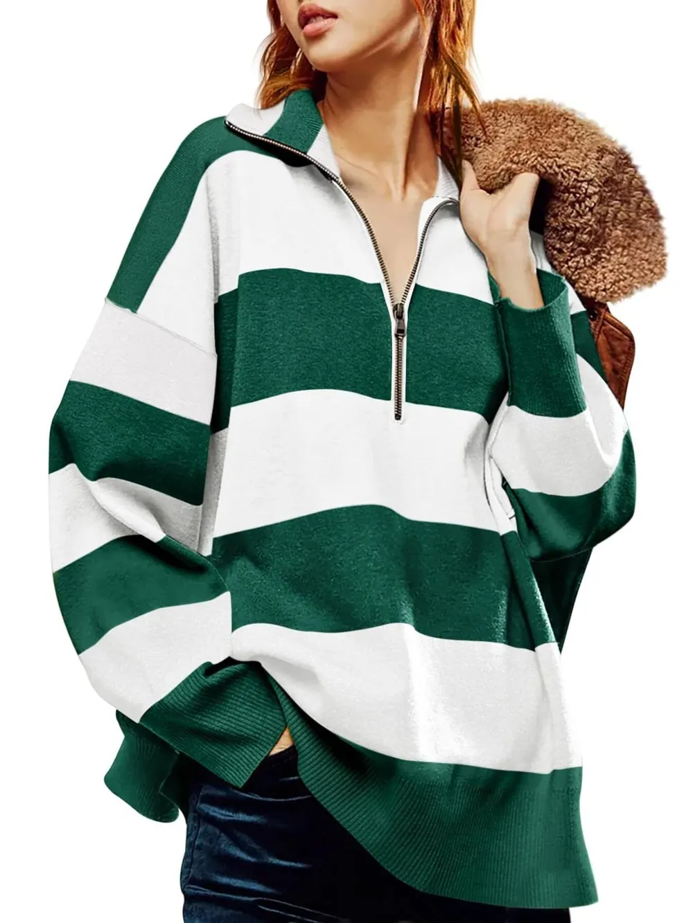 Striped Half-Zip Oversized Sweatshirt, image 11