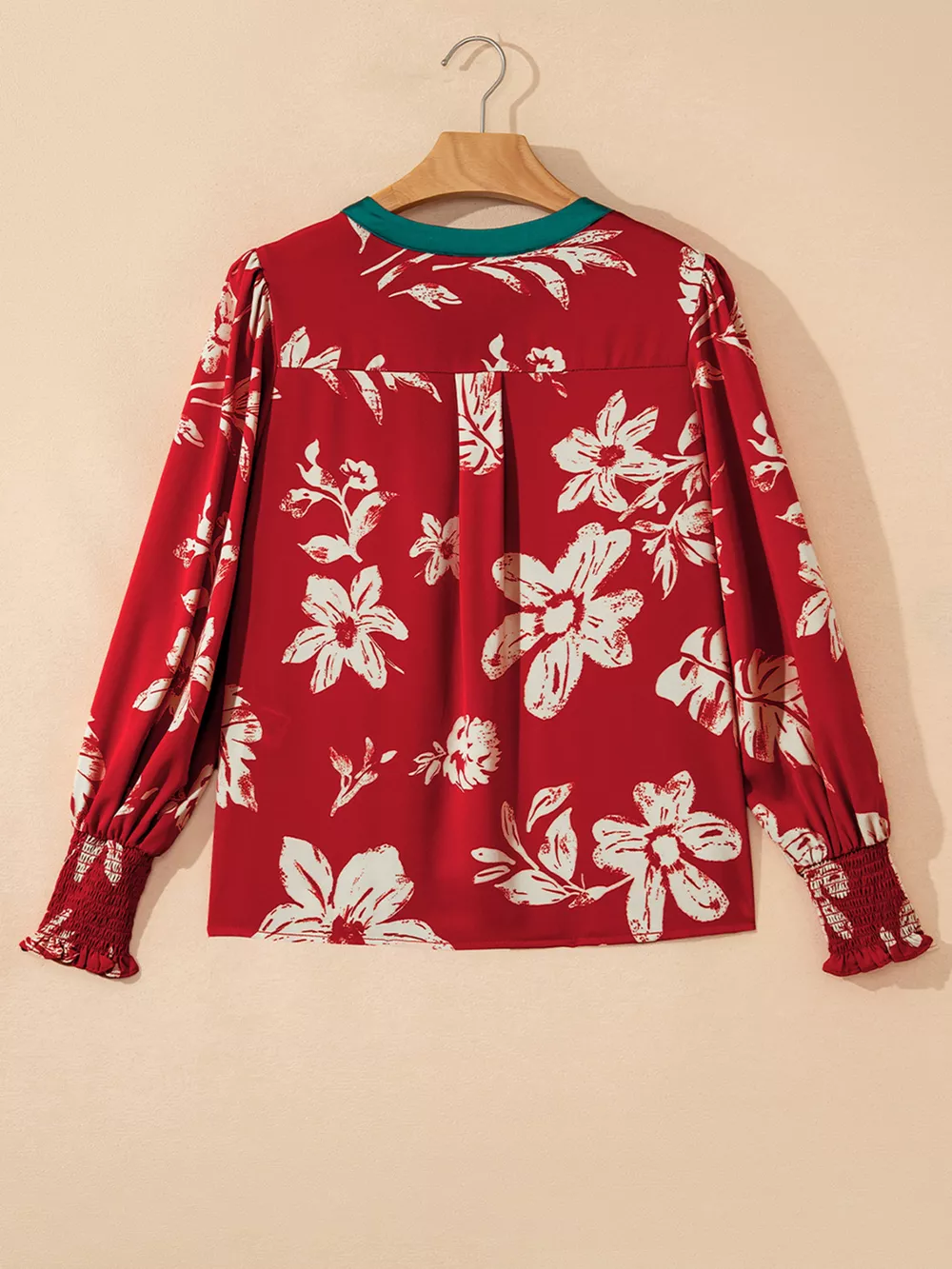 Contrast Tied Neck Shirred Puff Sleeve Flower Blouse, image 4