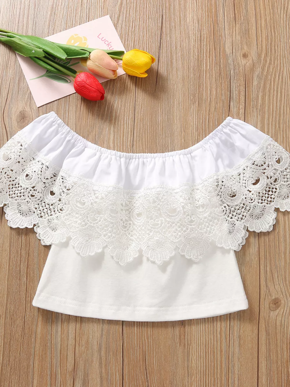 Children's Off-Shoulder Lace Top and Denim Skirt Set, image 3