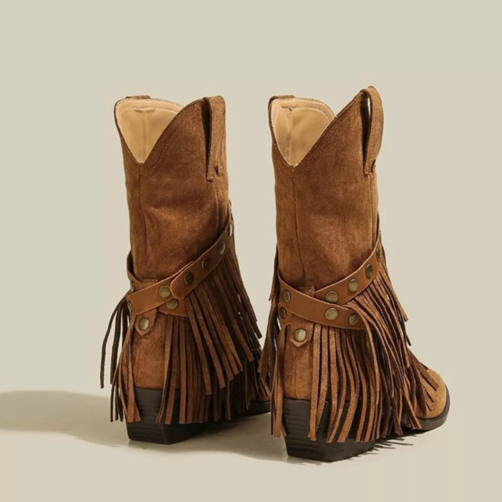 Vintage Suede Western Fringe Boots with Studded Straps, image 5