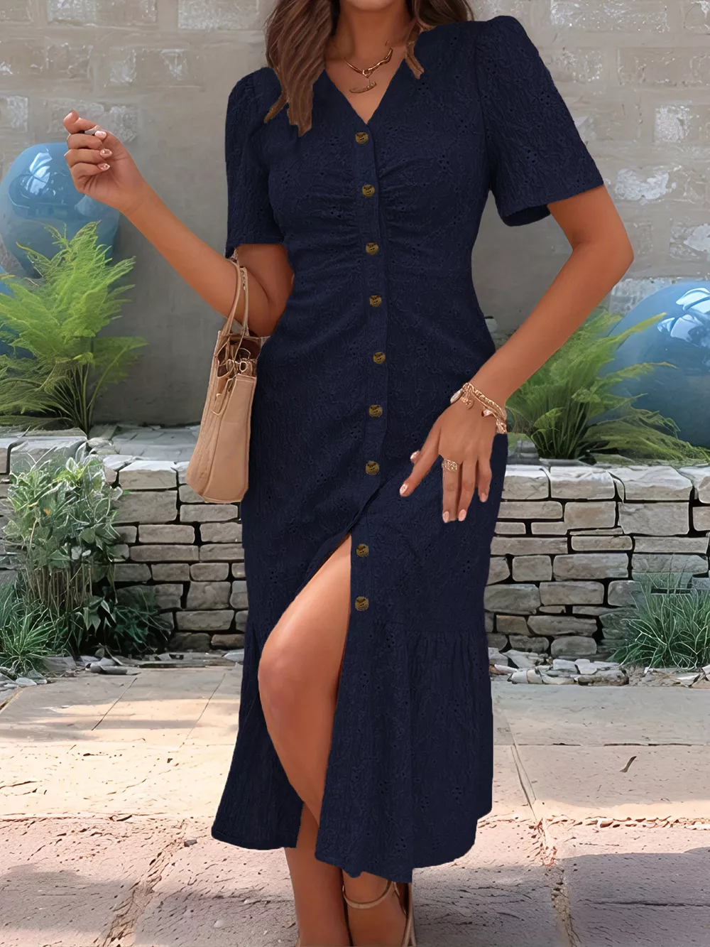 Eyelet Embroidered Button-Down Midi Dress, image 14