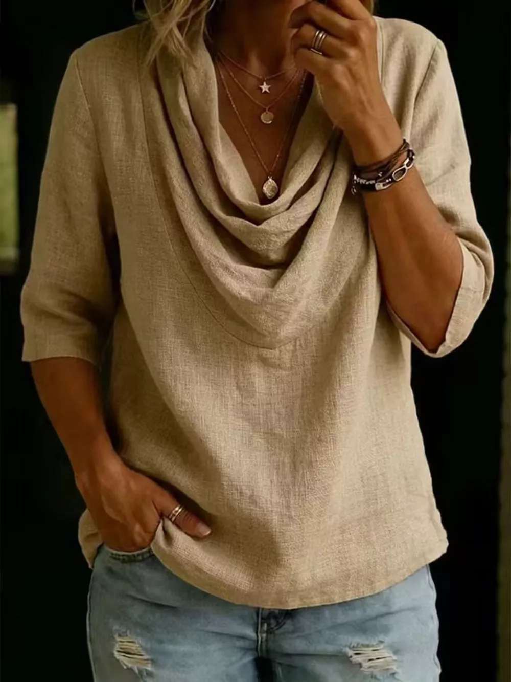 Full Size Cowl Neck 3/4 Sleeve Top Plus Size, image 5