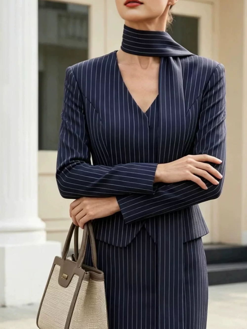 Striped Blazer and Mini Skirt Set with Scarf Detail, image 2