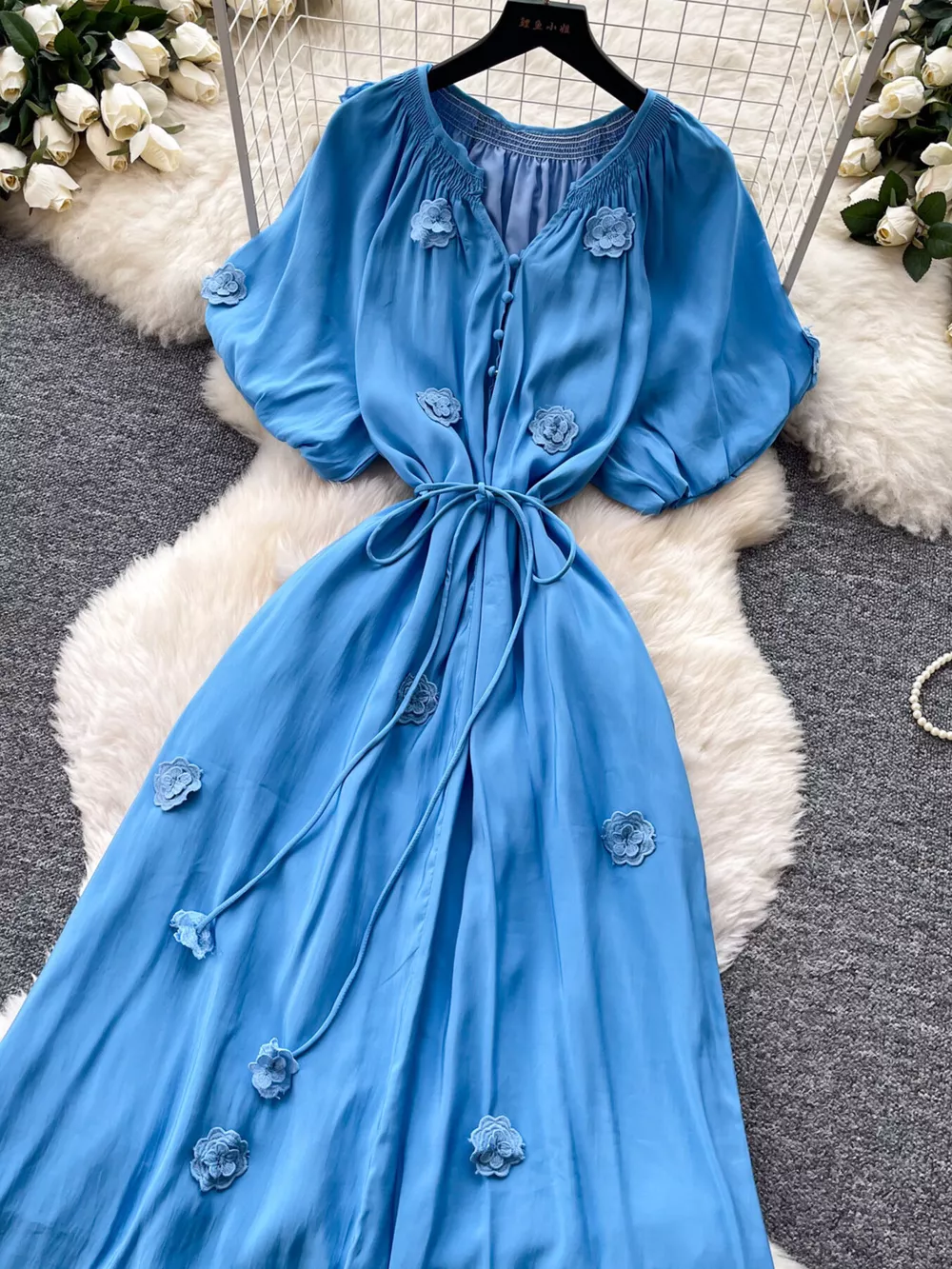 Floral Decor Tie Waist Puff Sleeve Dress, image 3