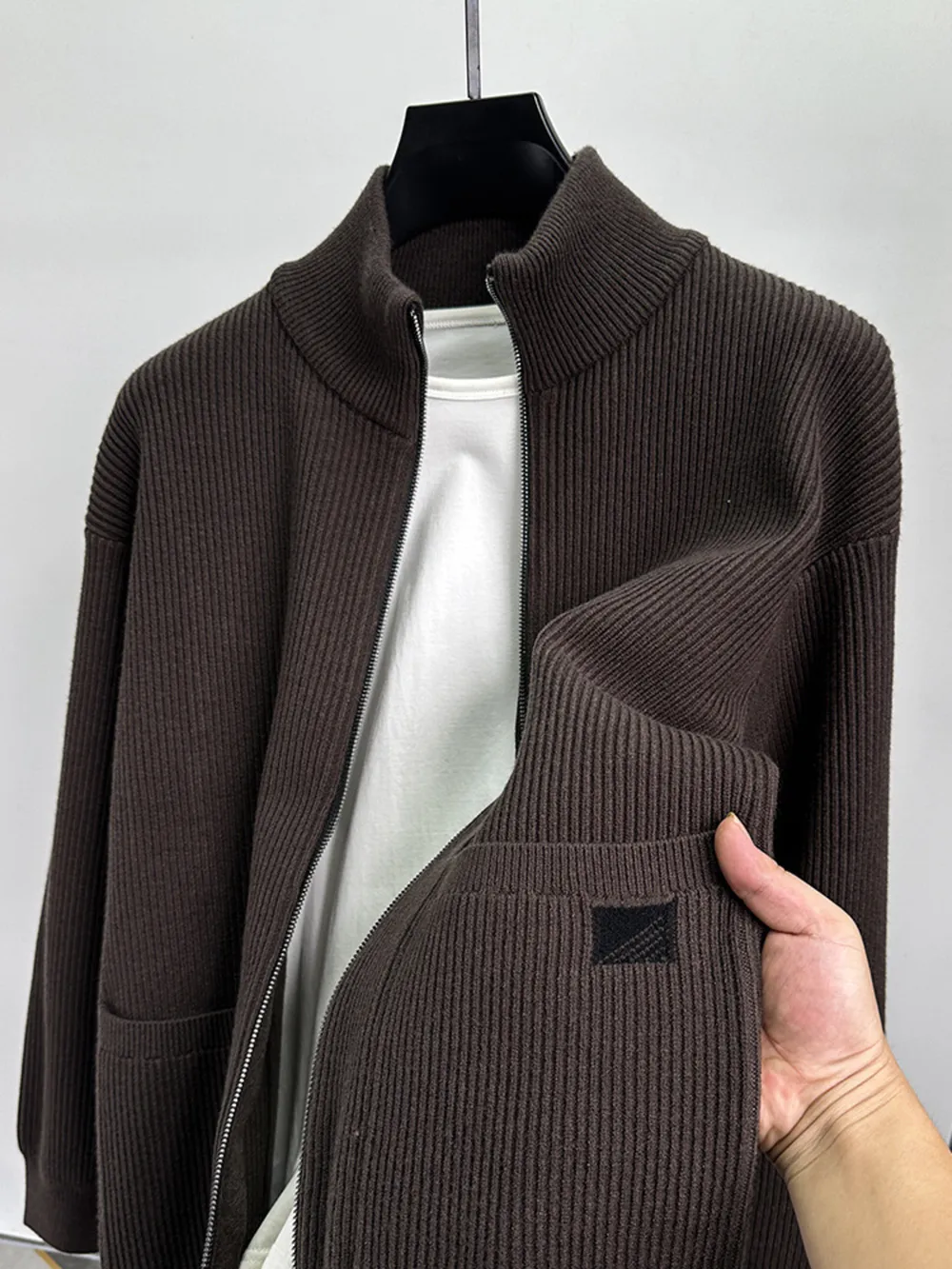 Men's Plus Size Zip-Up Ribbed Knit Cardigan, image 9