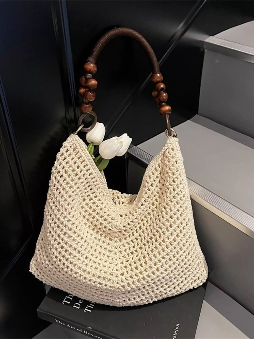 Knitted Shoulder Bag with Wooden Bead Handle, image 5
