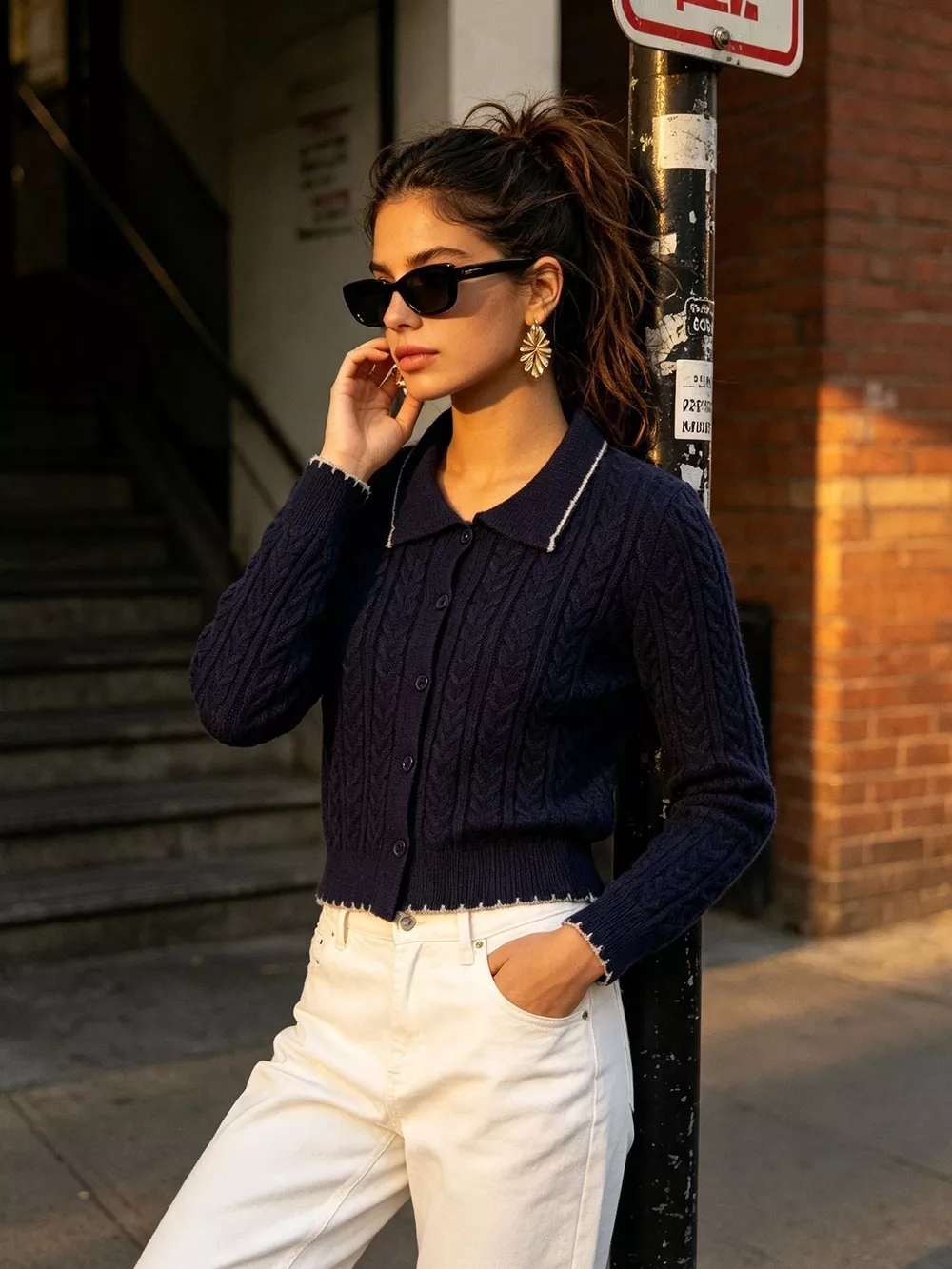 Cable Knit Polo Collar Button-Up Cardigan, image 21