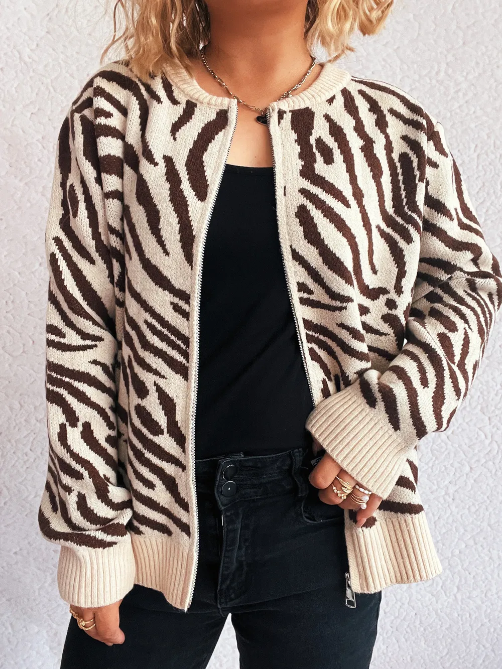 Zebra Print Zip Up Cardigan, image 9