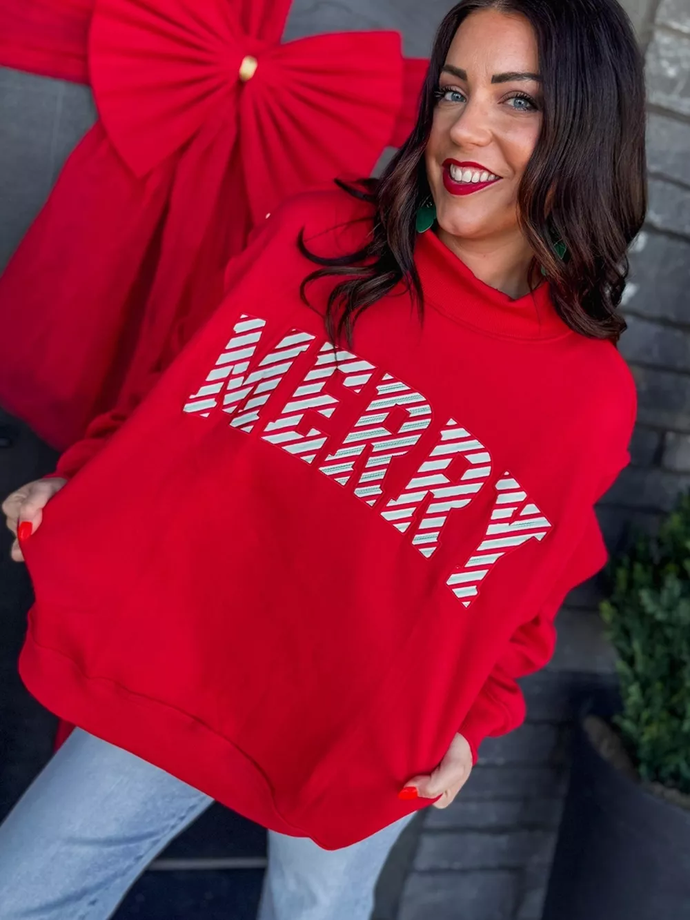 Embroidered Merry Slogan Stand Neck Long Sleeve Sweatshirt, image 7