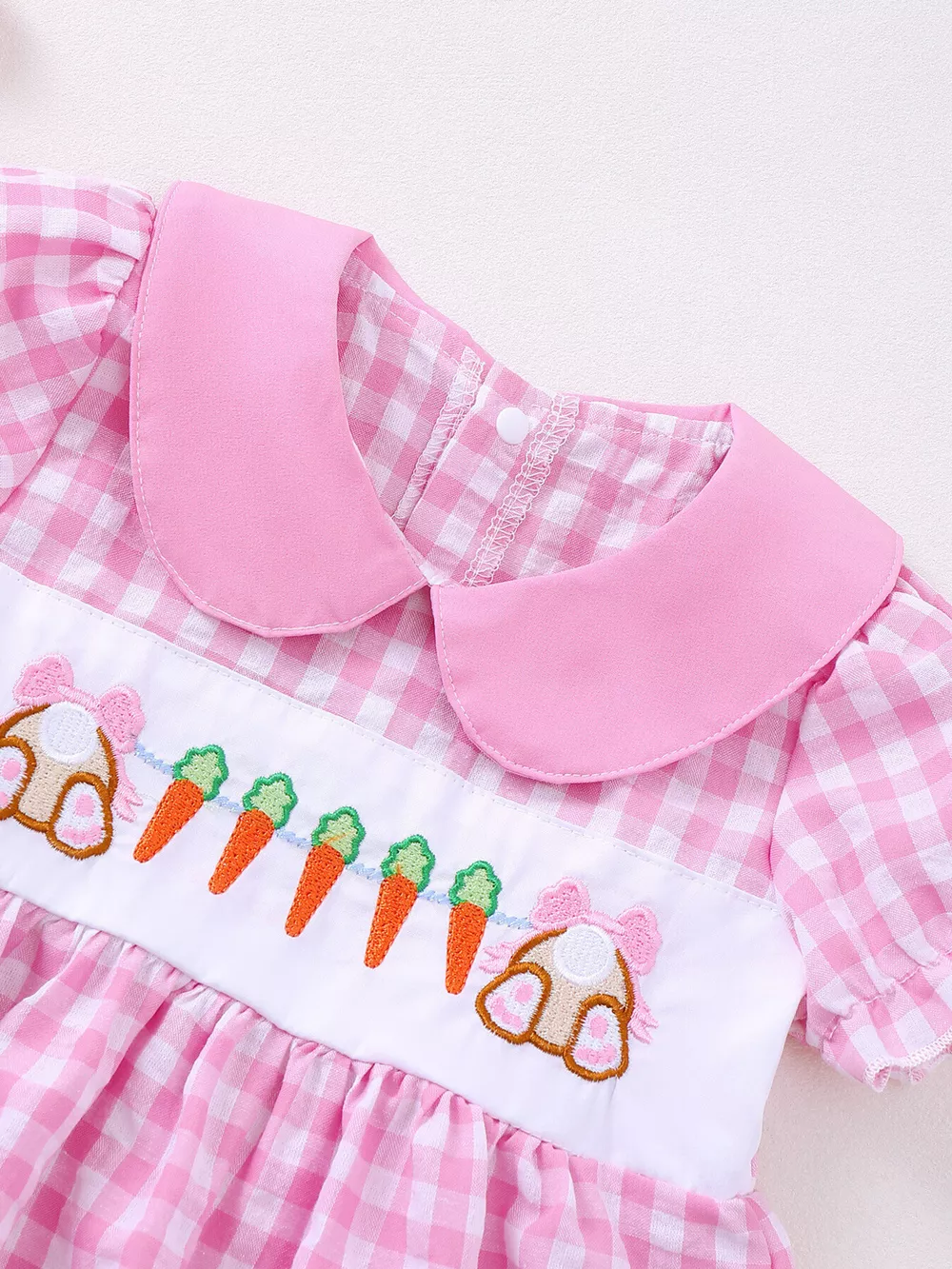 Children's Gingham Bunny & Carrot Embroidered Peter Pan Collar Smocked Dress, image 2