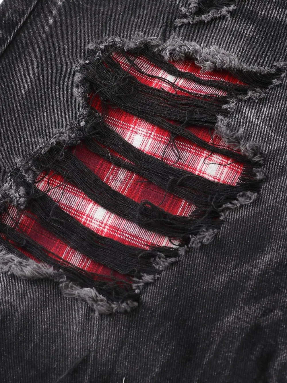 Men's Distressed Denim Shorts with Plaid Patches, image 14