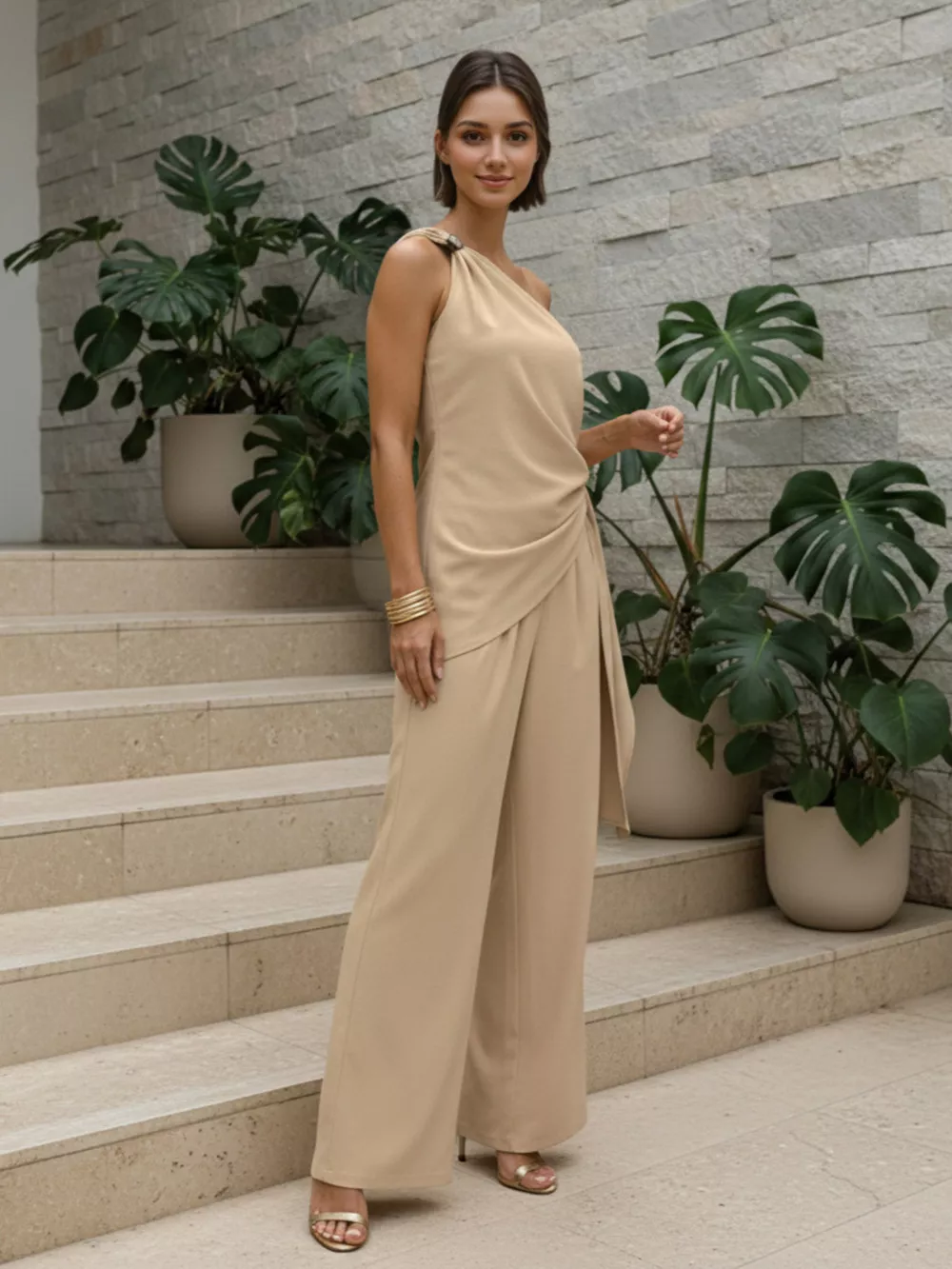 One-Shoulder Tie-Waist Top and Wide-Leg Pants Set, image 6