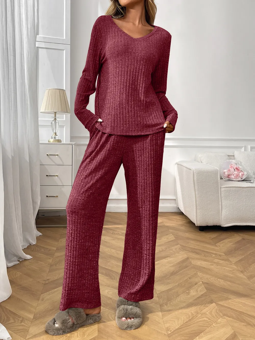 Ribbed Long Sleeve Top and Pants Lounge Set, image 16