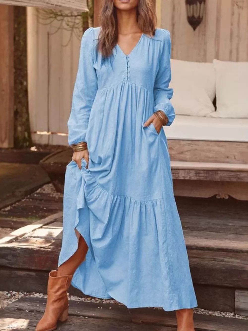 Full Size V-Neck Long Sleeve Tiered Maxi Dress with Pockets Plus Size, image 7