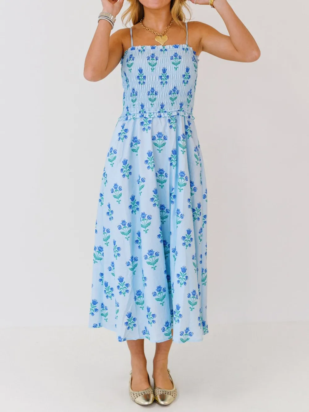 Floral Smocked Adjustable Strap Midi Cami Dress, image 6
