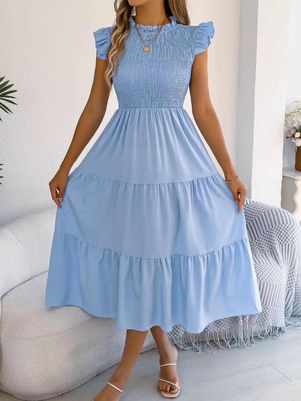 Smocked Ruffled Cap Sleeve Dress, image 11